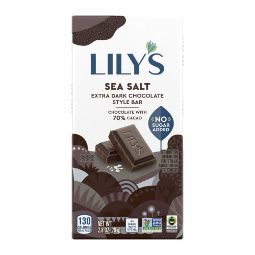 LILY'S Sea Salt Extra Dark Chocolate Style No Sugar Added Sweets Bar Perspective: front