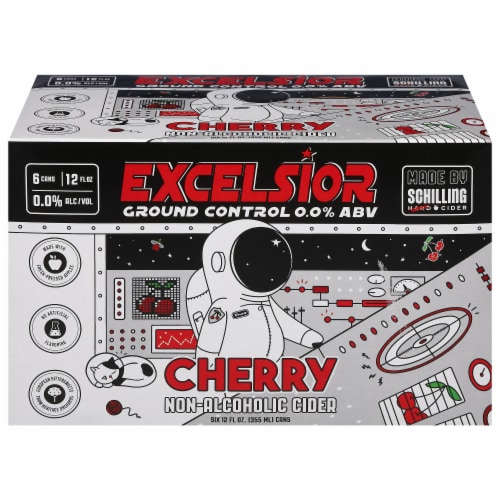 Schilling Excelsior Ground Control 0.0 % ABV Cherry Non-Alcoholic Cider Perspective: front