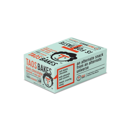 Taos Bakes Dark Chocolate Almond + Sea Salt Chocolate Bar Perspective: front