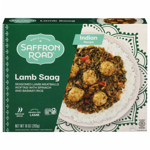 Saffron Road Lamb Saag with Basmati Rice Gluten-Free Frozen Meal Perspective: front