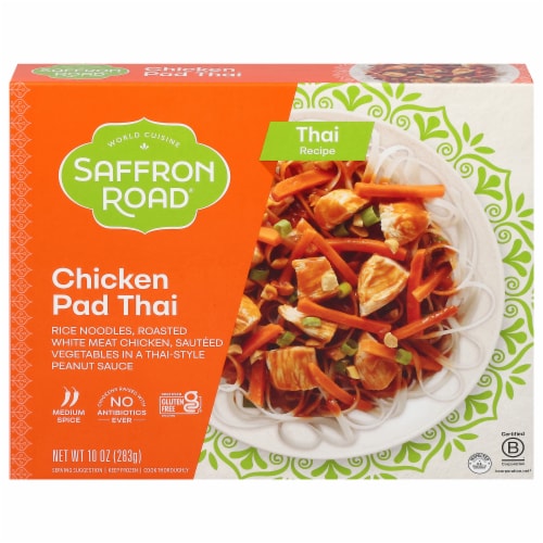 Saffron Road Chicken Pad Thai with Rice Noodles Gluten-Free Frozen Meal Perspective: front