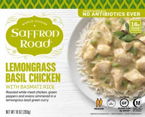 Saffron Road Lemongrass Basil Chicken with Basmati Rice Gluten-Free Frozen Dinner Perspective: front