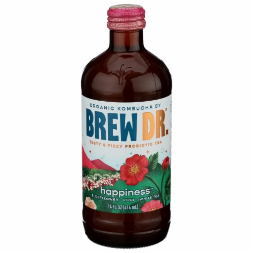 Brew Dr. Kombucha Bottle Happiness™ Probiotic Tea Perspective: front