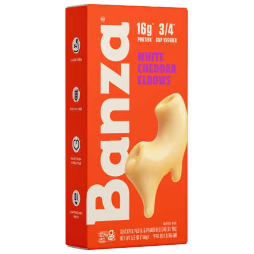 Banza® Chickpea Pasta White Cheddar Elbows Gluten Free and Lower Carb High Protein Mac and Cheese Perspective: front