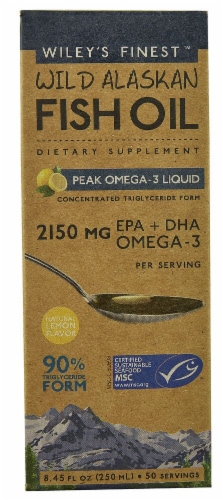 Wiley's Finest  Wild Alaskan Fish Oil Peak Omega-3 Liquid   Natural Lemon Perspective: front