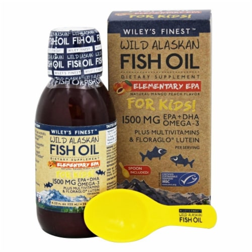 Wiley's Finest Wild Alaskan Fish Oil For Kids! Plus Multivitamin Natural Mango Peach Flavor Liquid Perspective: front