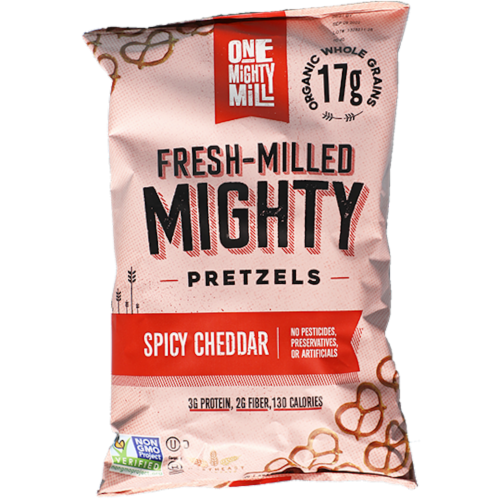 One Mighty Mill Spicy Cheddar Pretzels Perspective: front