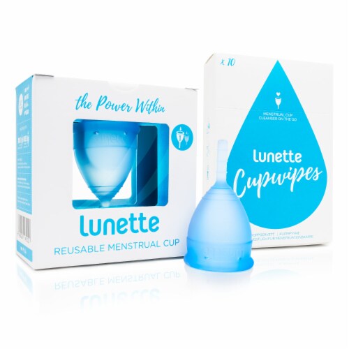 Lunette Menstrual Cup Blue Model 1 with BONUS FREE Cup Wipes Perspective: front