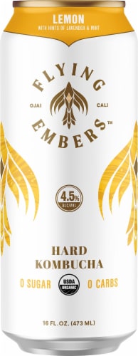 Flying Embers Organic Lemon Orchard Hard Kombucha Perspective: front