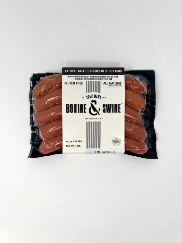 Bovine + Swine® All Natural Cased Uncured Beef Hot Dogs Perspective: front