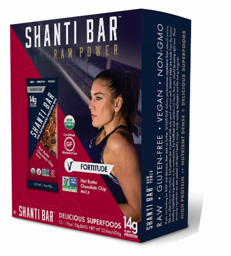 Shanti Bar™ Organic Nut Butter Chocolate Chip Maca Raw Power Protein Bar Perspective: front
