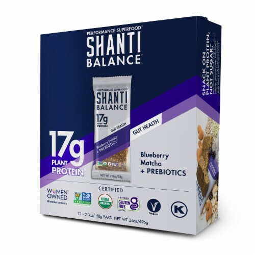 Shanti Balance™ Blueberry Matcha + Prebiotics Plant Protein Bars Perspective: front
