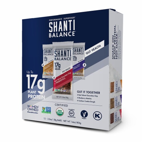 Shanti Balance Gut It Together Plant Protein Bars Variey Pack Perspective: front