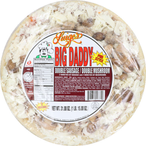 Luige's Bid Daddy Double Sausage Double Mushroom Pizza Perspective: front
