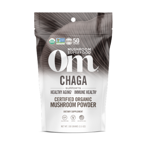Om Organic Chaga Mushroom Nutrition Supplement Powder Perspective: front