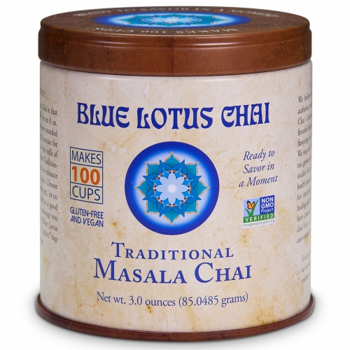 Blue Lotus Chai Traditional Masala Chai Powder, 3 Ounce Tin, Makes 100 cups Perspective: front
