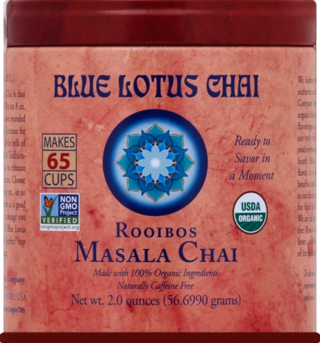 Blue Lotus Chai Rooibos Masala Chai Powder, 2 Ounce Tin, Makes 65 Cups Perspective: front