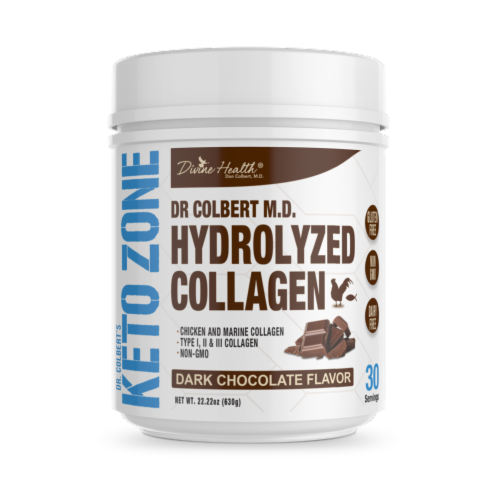 Divine Health Keto Zone Dark Chocolate Hydrolyzed Collagen Protein Powder Perspective: front