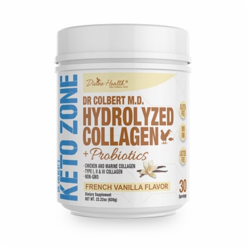 Divine Health Keto Zone French Vanilla Hydrolyzed Collagen + Probiotics Protein Powder Perspective: front