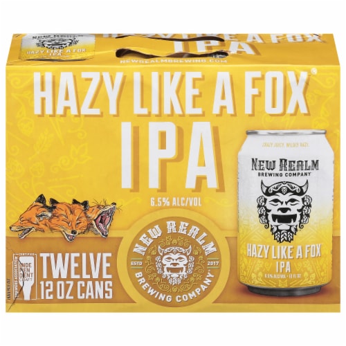 New Realm Hazy Like a Fox IPA Craft Beer Perspective: front
