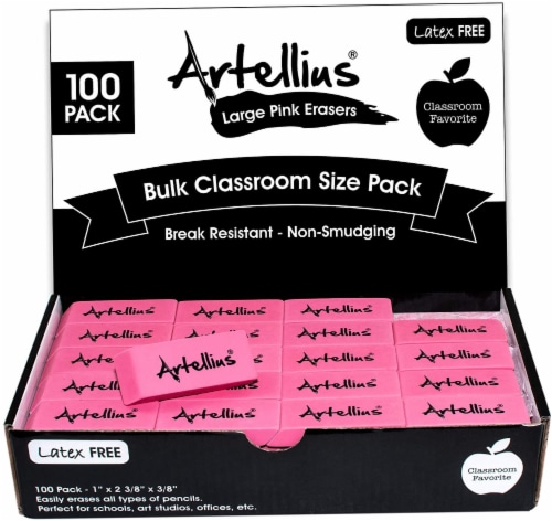 Pink Erasers Pack of 100 - Large Size, Latex & Smudge Free - Bulk School Supplies Classroom Perspective: front