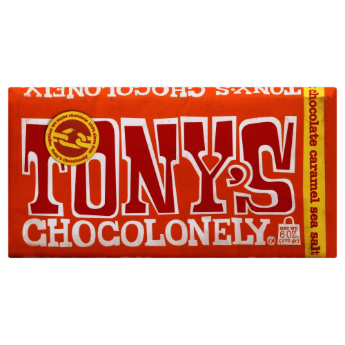 Tony's Chocolonely Milk Chocolate Caramel Sea Salt Bar Perspective: front