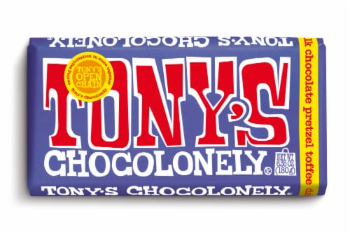 Tony's Chocolonely® 42% Cocoa Dark Milk Chocolate Pretzel Toffee Bar Perspective: front