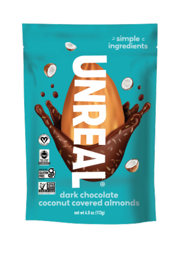 Unreal® Dark Chocolate Coconut Covered Almonds Perspective: front
