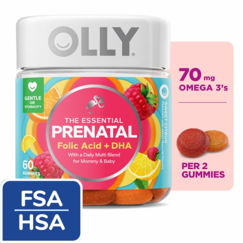 OLLY Essential Prenatal Multivitamin With Folic Acid DHA Omega-3 Citrus Flavor Gummy Supplement Perspective: front