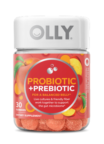 Olly Belly Peachy Peach Prebiotic & Probiotic Gummies Perspective: front