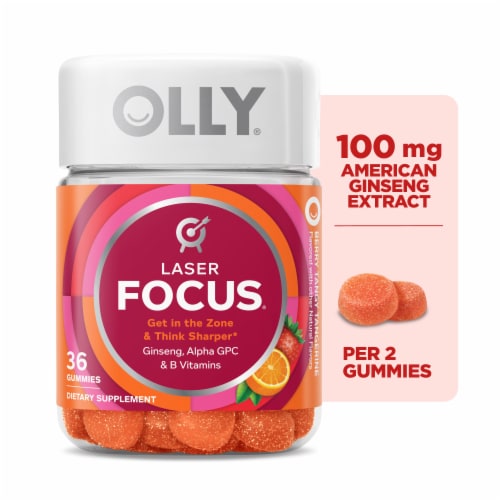 OLLY Laser Focus Tangerine Flavor Gummy Supplement Ginseng Extract and Vitamin B12 Perspective: front