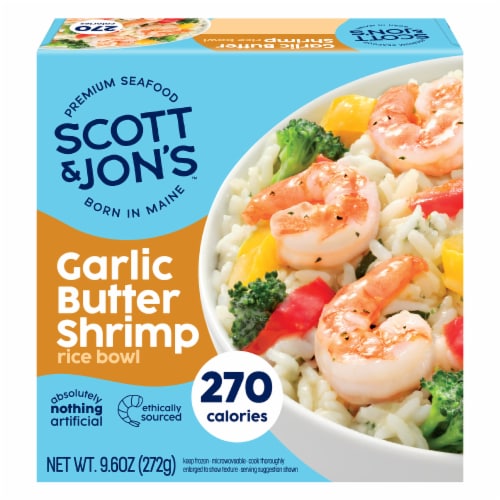 Scott & Jon's Gluten Free Garlic Butter Shrimp Rice Bowl Frozen Meal Perspective: front