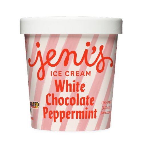 Jeni's White Chocolate Peppermint Ice Cream Pint Perspective: front