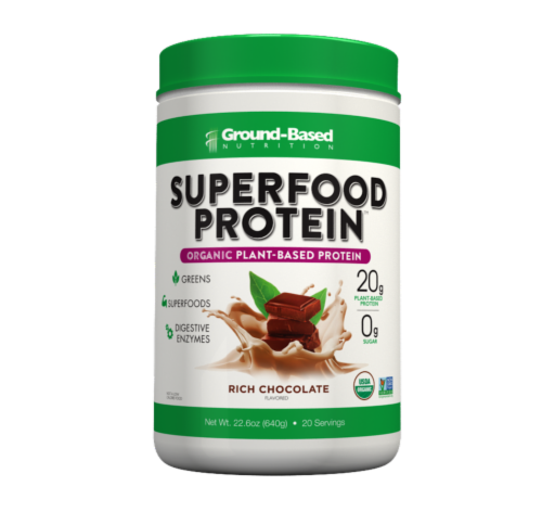 Ground-Based Nutrition Superfood Protein Organic Rich Chocolate Plant-Based Protein Powder Perspective: front