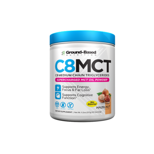 Ground-Based Nutrition C8 MCT Hazelnut Supercharged MCT Oil Powder Perspective: front