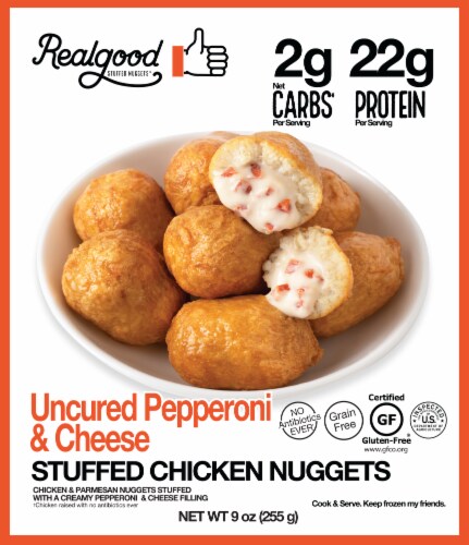 The Real Good Food Company Uncured Pepperoni & Cheese Stuffed Chicken Nuggets Perspective: front