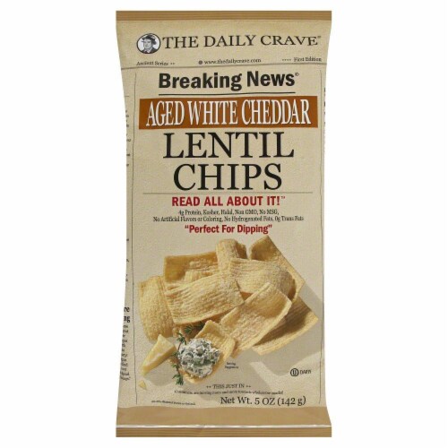 The Daily Crave Aged White Cheddar Lentil Chips Perspective: front