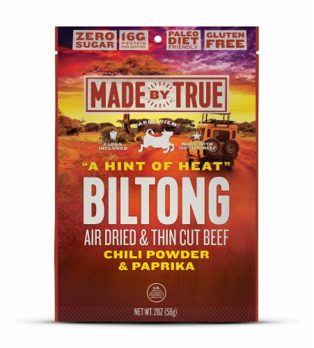 True Jerky Gluten Free Hint of Heat Beef Biltong Jerky Perspective: front