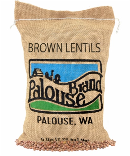 Palouse Brand Brown Lentils, 5 LBS Burlap Bag Perspective: front