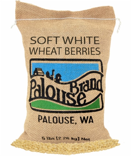 Palouse Brand Soft White Wheat Berries, 5 LBS Burlap Bag Perspective: front