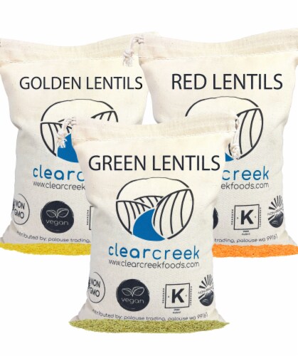 Clear Creek Lentil Pack: Green, Gold, Red Lentils, 12 LBS ( 3 - 4 LB Linen Bags) Perspective: front