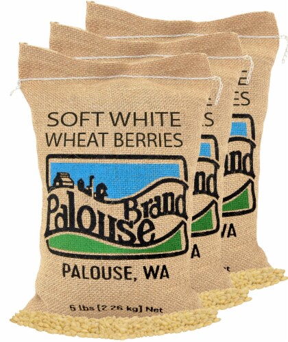 Palouse Brand Soft White Wheat Berries Pack, 15 LBS (3 - 5 LB Burlap Bags) Perspective: front