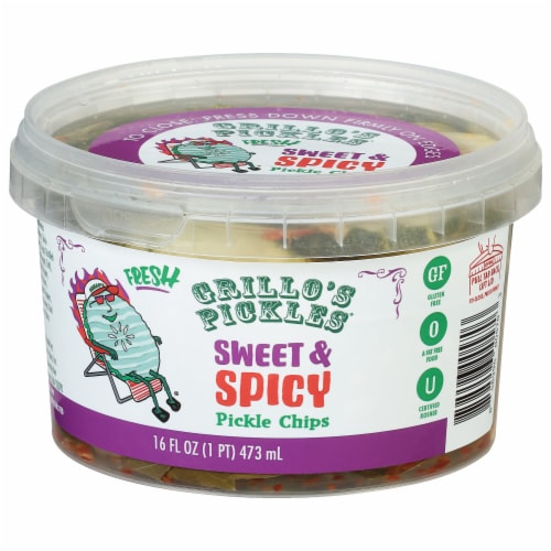 Grillo's Pickles Sweet & Spicy Pickle Chips Perspective: front
