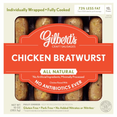 Gilbert's Craft Sausages Chicken Bratwurst with Sauteed Onions Perspective: front