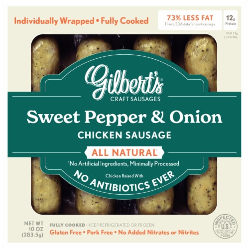 Gilbert's Craft Sausages Green Pepper and Onion Chicken Breakfast Sausages Perspective: front