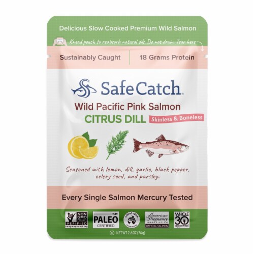 Safe Catch Wild Pacific Pink Salmon Citrus Dill Pouch Perspective: front