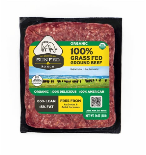 SunFed Ranch 85% Lean 100% Grass Fed Organic Ground Beef Perspective: front