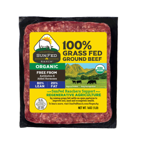 SunFed Ranch 100% Grass Fed 80% Lean Organic Ground Beef Brick Perspective: front
