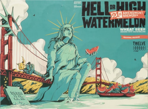 21st Amendment® Hell or High Watermelon Wheat Beer Seasonal Ale Perspective: front