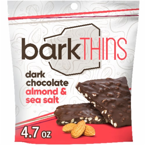 barkTHINS Dark Chocolate Almond and Sea Salt Snacking Chocolate Bag Perspective: front